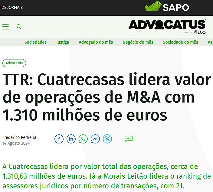 TTR: Cuatrecasas lidera valor de operaes de M&A com 1.310 milhes de euros